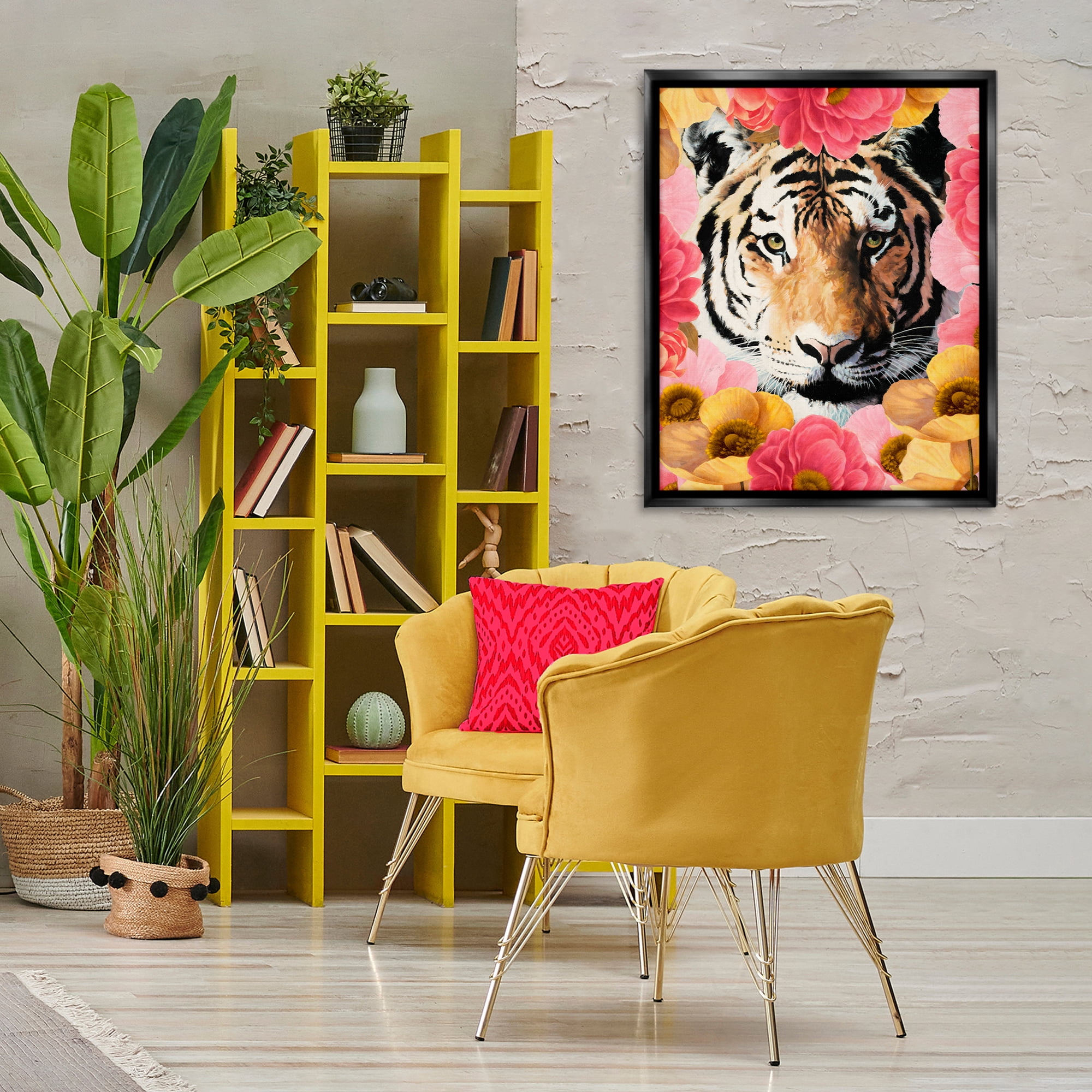 Stupell Industries Tiger on Dahlia Florals Animals Painting Black Floater Framed Canvas Art Print Wall Art, 25 x 31
