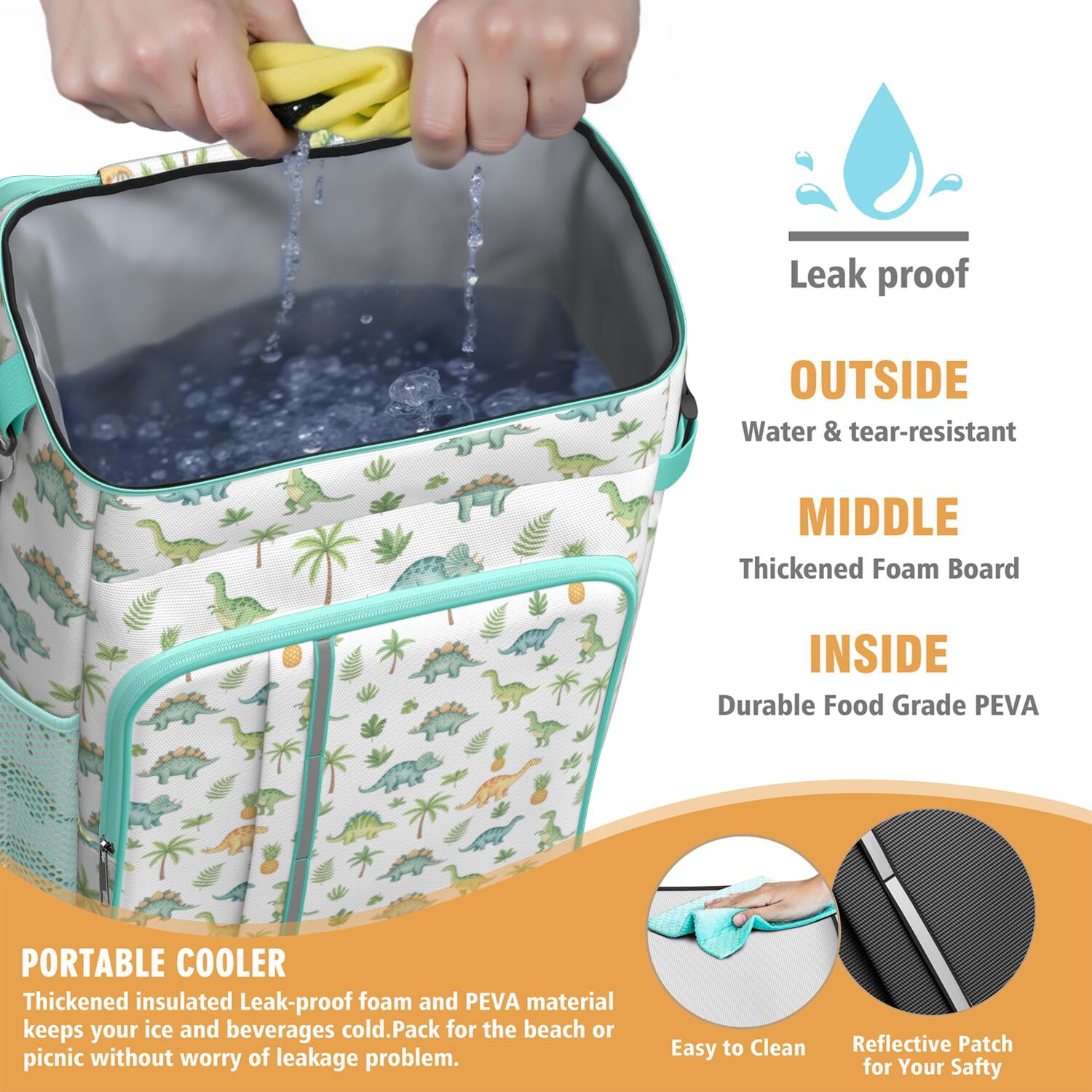 Travel Cooler Bag - White Dinosaurs Palms Pineapples Pattern Camping Beer Cooler Backpack with Bottle Opener- Waterproof Insulated Picnic Backpacks - Cooler Bag for Beach