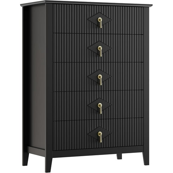 Garvee Fluted Dresser for Bedroom 42.9" Tall, 5-Drawer Wood Dresser for Bedroom, Modern Chest of Drawers, Storage Organizer Cabinet for Living Room, Hallway, Entryway, Black