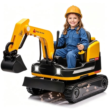 COSVALVE 24V10AH Powered 2IN1 Kids Ride On Tracked Excavator & Bulldozer 360°Electric Digger Construction Vehicle with 3 Speeds,Music,Toolbox,Remote Control(Yellow)