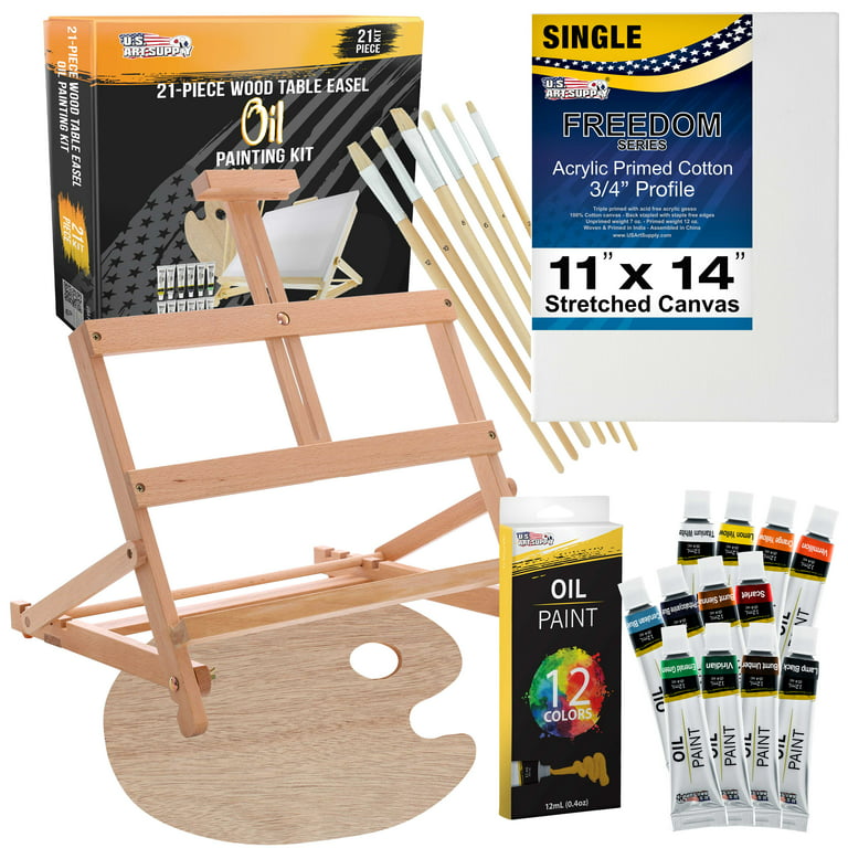 U.S. Art Supply 21-Piece Artist Oil Painting Set with Wooden H-Frame Studio  Easel, 12 Vivid Oil Paint Colors, Stretched Canvas, 6 Brushes, Wood Painting  Palette - Kids, Students, Adults, Starter Kit 
