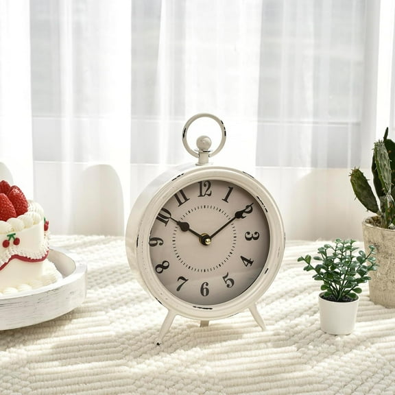 Rustic White Table and Shelf Desk Clock Farmhouse Mantel Clock Rustic Non-Ticking Clock Decorative Desk and Shelf Clock