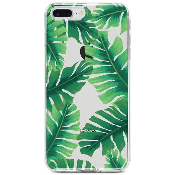 DistinctInk Clear Shockproof Hybrid Case for iPhone 7 PLUS / 8 PLUS (5.5" Screen) - TPU Bumper, Acrylic Back, Tempered Glass Screen Protector - Tropical Banana Leaves