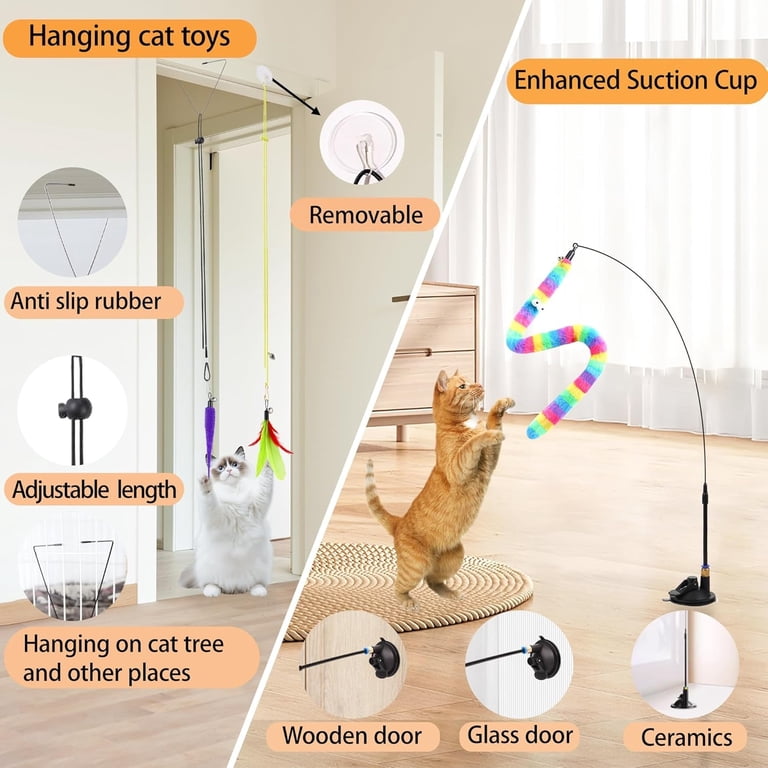 Urru 4-in-1 Interactive Cat Feather Toys,12Pcs Durable Teaser Cat Toy Replacements,Enhanced Suction Cup Cats Wand Toy,2 Types Door Hanging Cat String