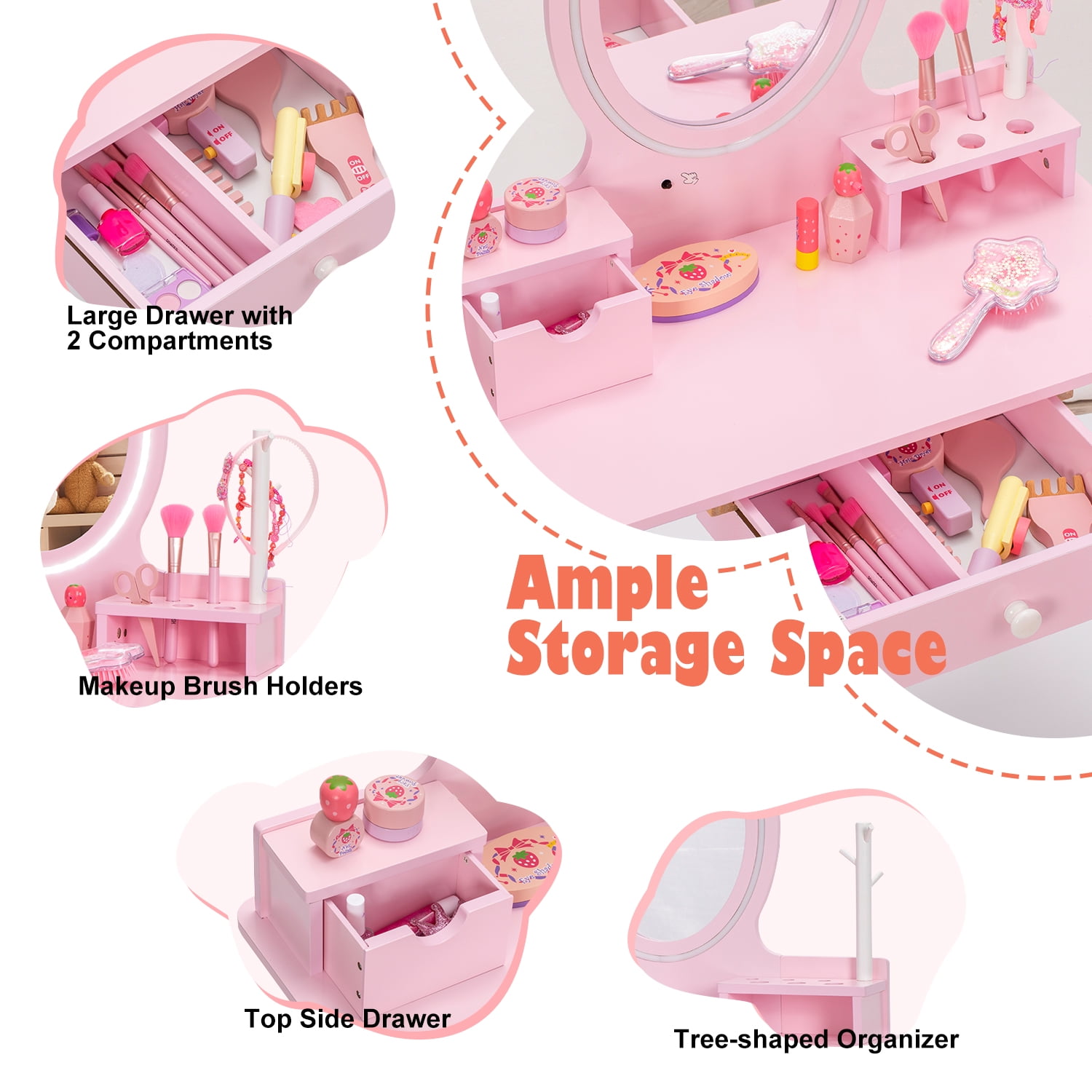 BRINJOY Kids Vanity Set with Mirror, Wooden Make Up Beauty&nbsp;Dressing Table with Lights & Stool & Jewelry Rack & Storage Board, Children Princess Vanity Table Pretend Playset for Girls