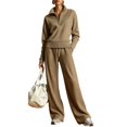 thumbnail image 2 of WULMLEO Two Piece Sets Women Knit Fall Quarter Zip Long Sleeve Pullover Wide Leg Palazzo Pants Suits 2026 Casual Comfortable Outfits Y2k Tracksuit with Pockets Khaki M, 2 of 6