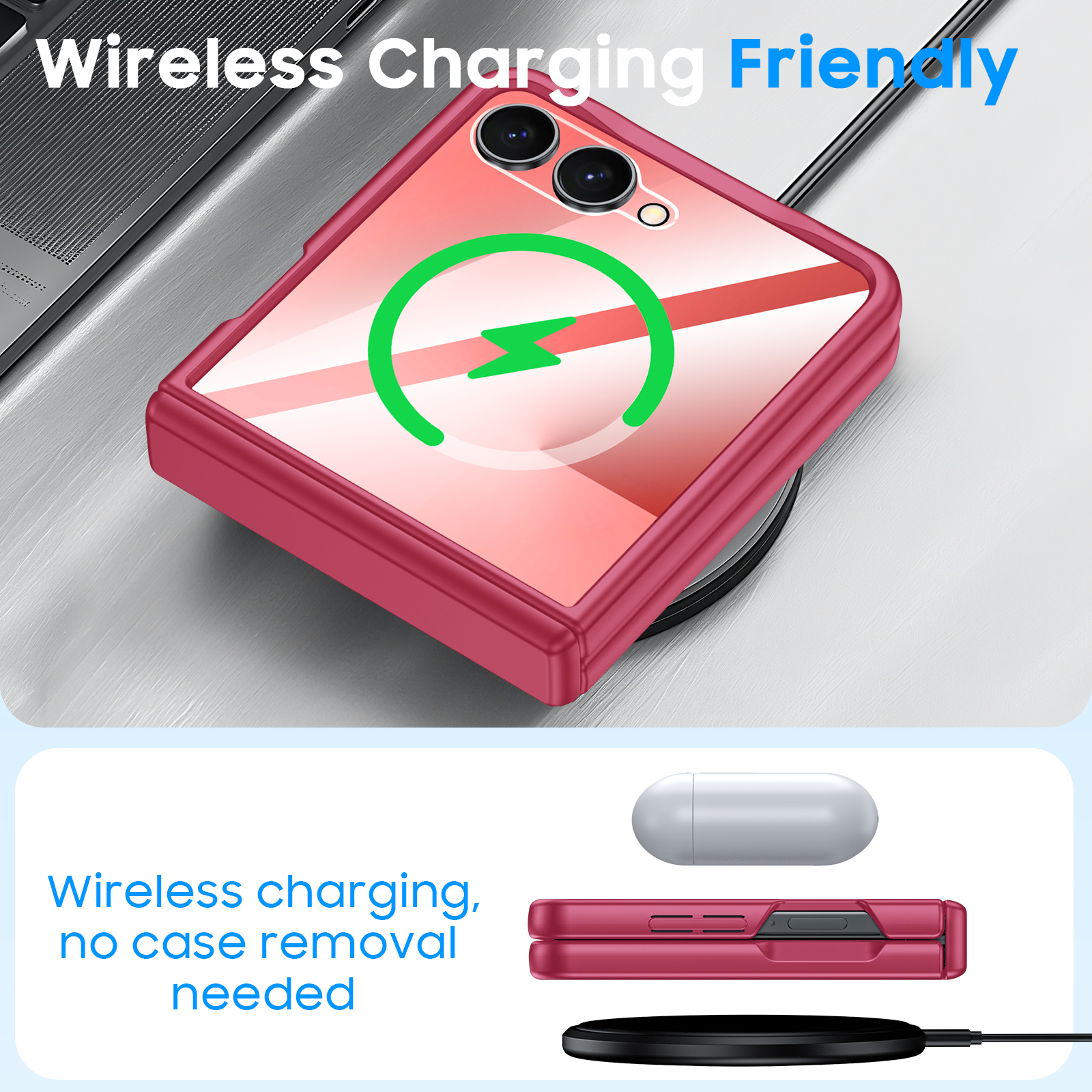 Vizvera for Samsung Galaxy Z Flip 7 Case with Hinge Protection,Screen Protector,Ultra-Thin Skin Feel Translucent Frosted, Wireless Charging,Shockproof Cover-Rose Red
