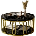 thumbnail image 5 of Round Coffee Table, Wooden Marble Pattern Coffee Table with Round Open Storage, Solid Golden Metal Legs for Living Room，Black, 5 of 9