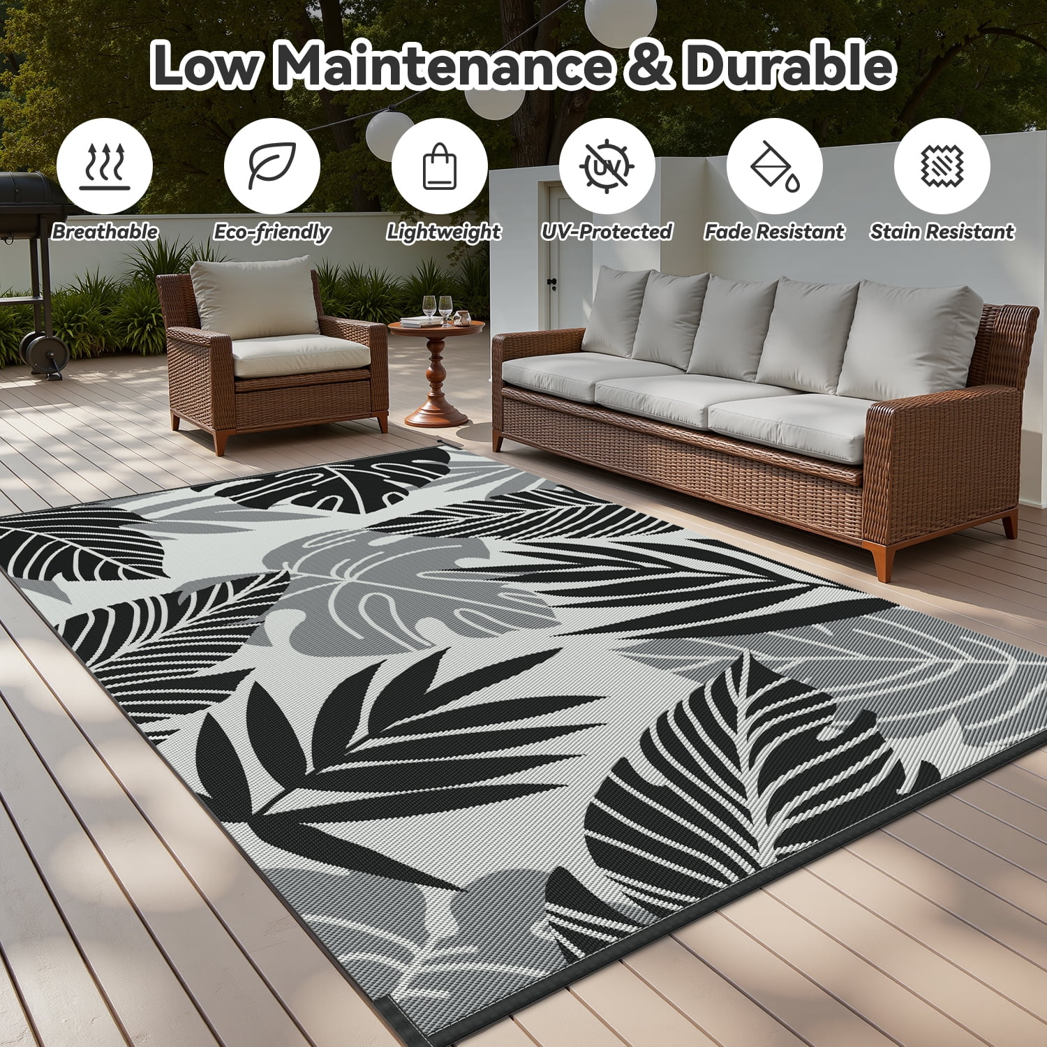 VUNATE Outdoor Rug Carpet 5'x8' Waterproof Reversible Patio Rug Portable Indoor Outdoor Rug Plastic Straw Rug for Beach RV Camping Garden Picnic Deck Backyard Tropical Porch Decor Gray and Black