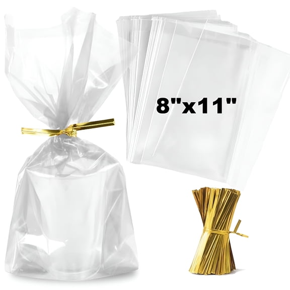 CCOCC Food Safe Sealable Clear Cellophane Bags, 100-Pack, 8x11, 2mil BOPP with 4" Twist Ties for Candy & Snacks