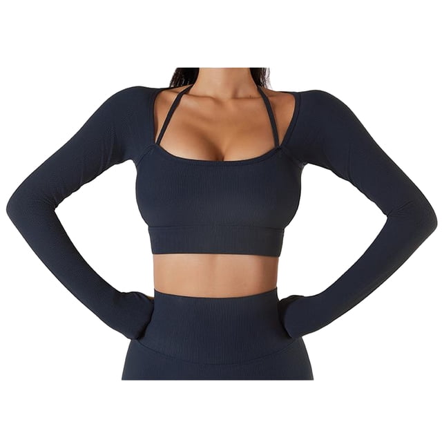 Top de Yoga para mujer, manga larga, cuello cuadrado, dobladillo más ancho, cintura alta, diseño de punta de los dedos, ropa deportiva de secado rápido