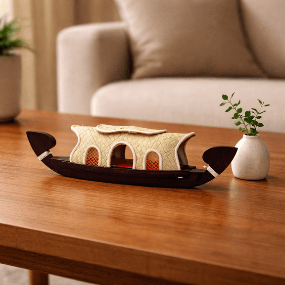 Wooden Kettuvallam Houseboat Miniature, 8 cm - Palm Leaf Canopy Decor, Beige Finish