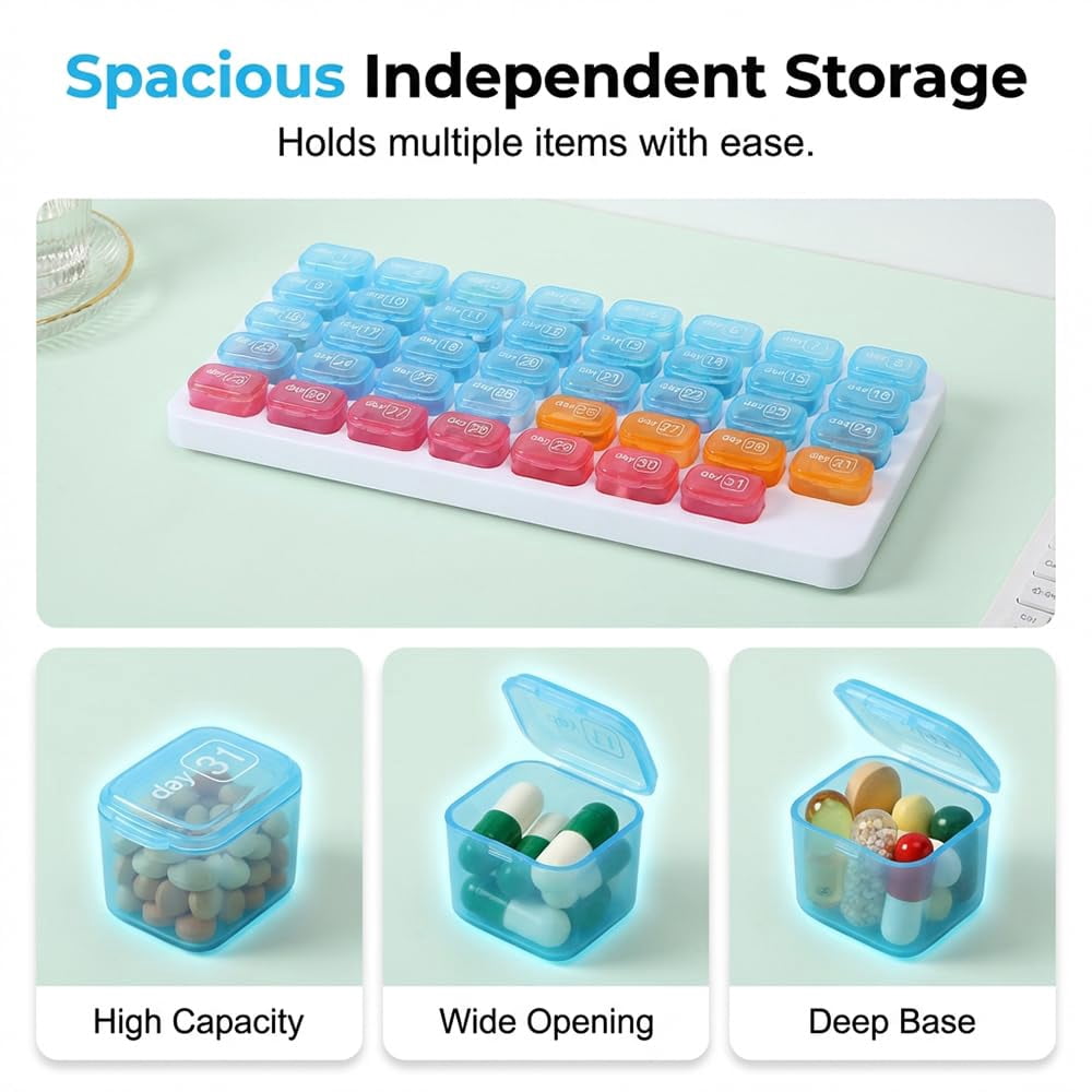Monthly Pill Organizer 31 Day, 2026 Upgraded Large Portable Travel Pill Box, 30 Day Pill Case Small Compartments to Hold Vitamin and Travel Medicine Organizer, Daily Pill Case
