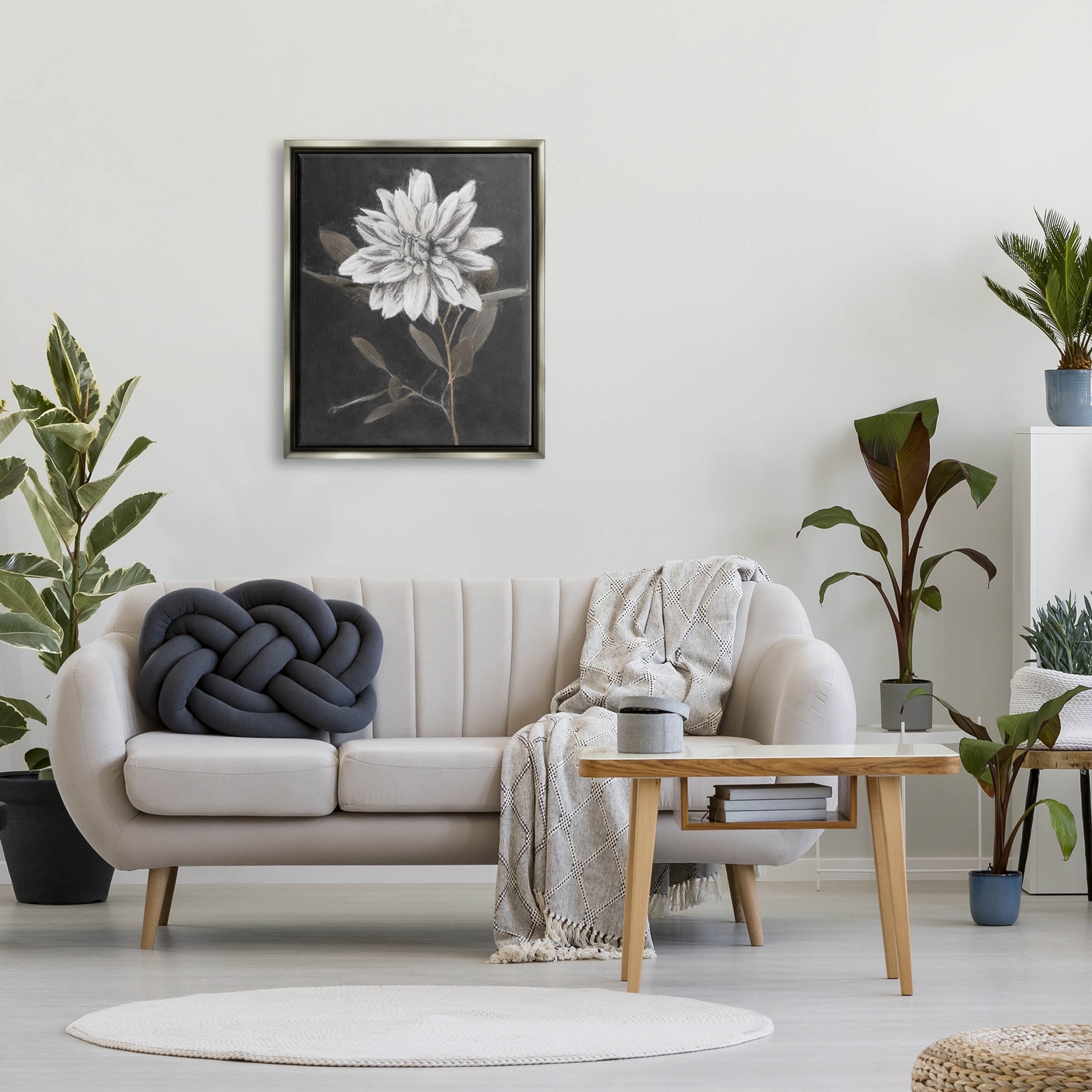 Stupell Industries Modern White Dahlia Blossom Sprout Painting Luster Gray Floating Framed Canvas Print Wall Art, Design by Nina Blue