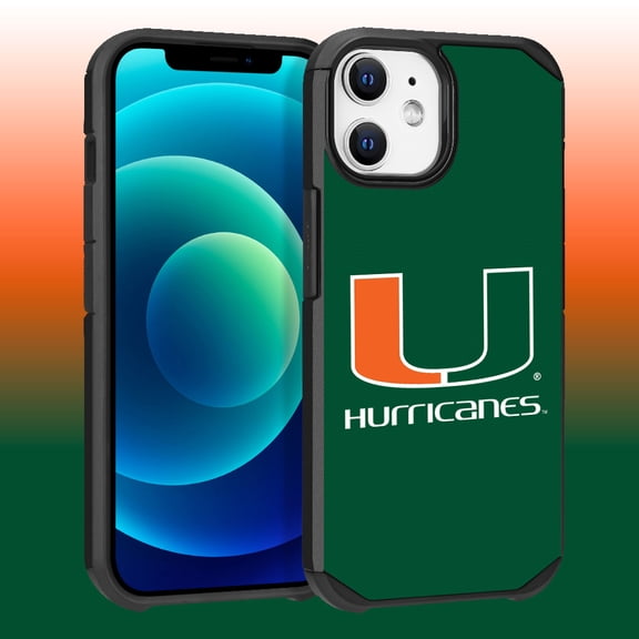 Apple iPhone 12 (6.1) / iPhone 12 Pro (6.1) - Licensed NCAA University of Miami Hurricanes Logo on Green Textured Dual Layer Case