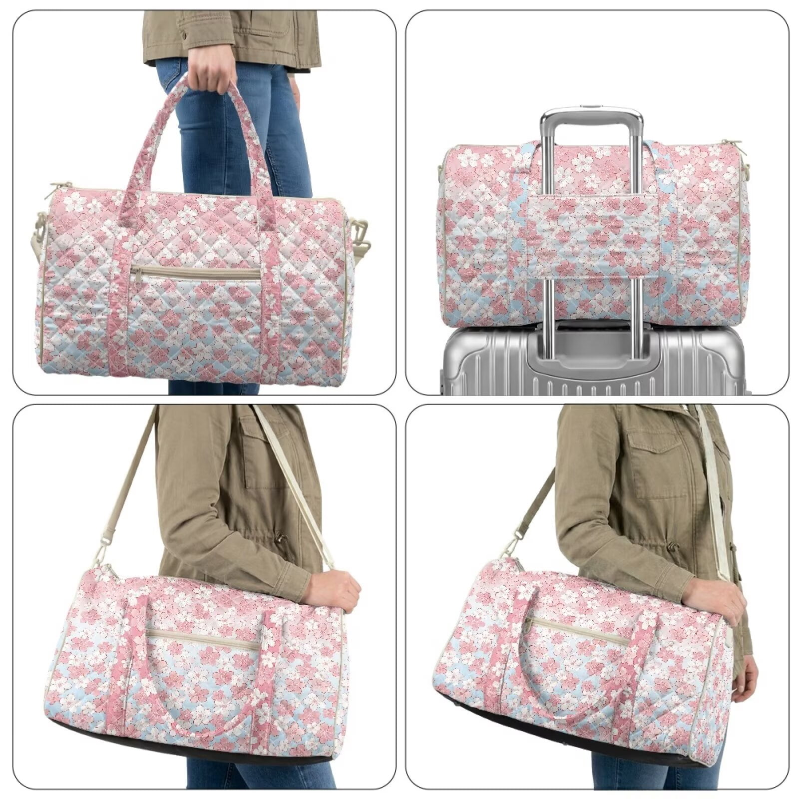 Pzuqiu Cherry Blossom Large Quilted Weekender Bag for Women, Lightweight Soft Puffy Duffle Carry On Tote, Travel Overnight Gym Luggage Bag with Adjustable Strap Portable
