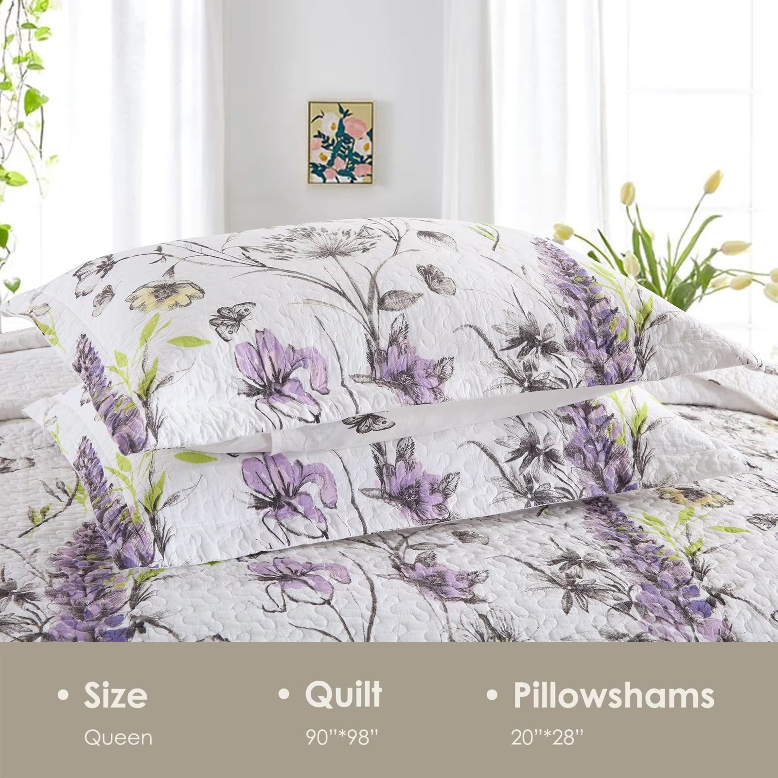 Bedduvit Floral Queen Size Quilt - 100% Cotton Purple White Flower Spring Summer Lightweight Queen Quilt Bedspread, Reversible Coverlet Bedding Set with 2 Pillow Shams, Elegant 3-Piece Quilt, 98x90
