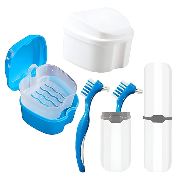 ACDANC Denture Case Kit,2 Denture Cups with 2 Denture Brushes & 2 Portable Brush Boxes,Denture Bath Cups with Strainer & Lid for Travel,Storage Soak Container Retainer Cleaner
