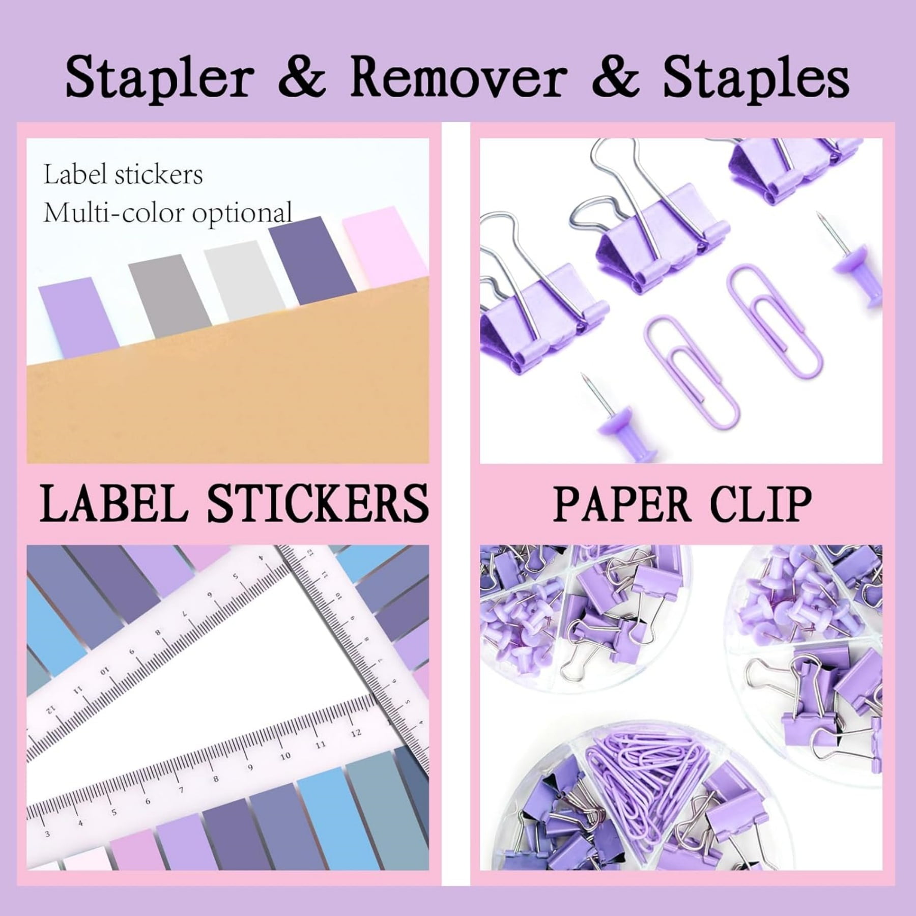 JIAYUEZHAO Desktop Storage Organizer with Stapler, Tape Dispenser, Staple Remover, Staples, Clips, Scissor, Tabs, Purple