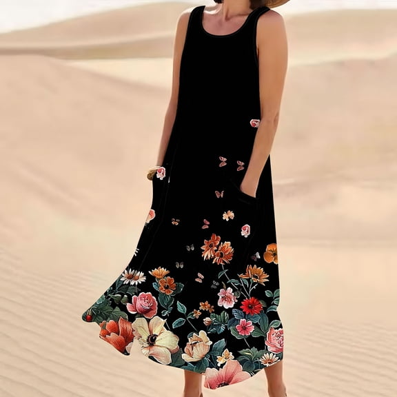 Nuoqisi Nightgowns for Women Sleeveless Sleepshirt Long Print House Dress Tank Nightshirt Maxi Casual Dress with Pockets
