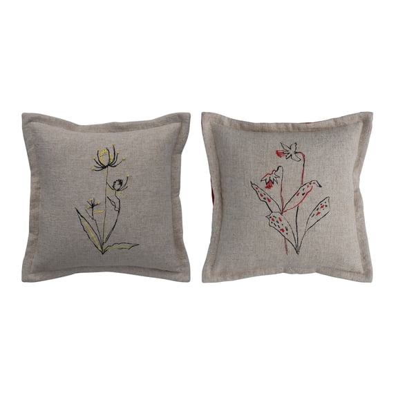 Creative Co-Op 16 Inches Square Linen Blend Pillow with Flower Embroidery, Gray, Set of 2
