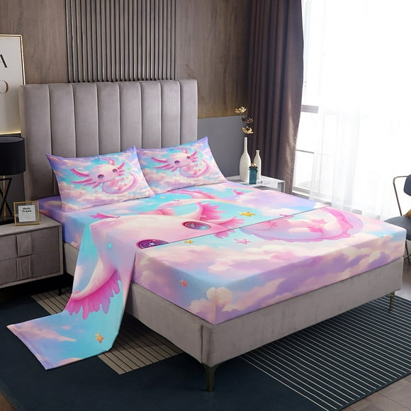 Erosebridal Girls Axolotl Bed Sheets Twin,Cartoon Starss Bedding Sets Twin Size,Animal Decoraiton,Lightweight,3pcs