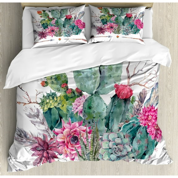 Cactus Duvet Cover Set King Size, Exotic Natural Watercolor Bouquet in Boho Style Succulent Flowers Feather and Arrows, 3 Piece Bedding Set with 2 Pillow Shams, Multicolor, by Ambesonne