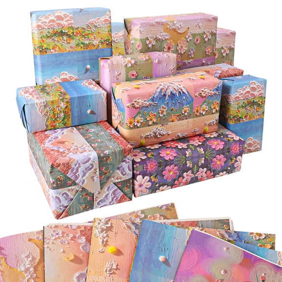sixwipe 5 Sheets Oil Painting Style Wrapping Paper, 20x28 Inches Birthday Folded Flat Gifts Wrap, Vintage Watercolor Favor Wrap Paper for Holiday, Party, Birthday, Wedding, Baby Shower