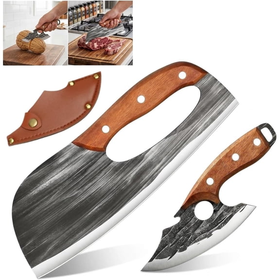 2 Pcs Meat Cleaver Knife Set, Effort Saving Meat Cleaver for Cutting Meat Vegetable, Sharp Carbon Steel Cooking Knife with Leather Sheath for Kitchen, Camping, Outdoor Cooking, BBQ Gift