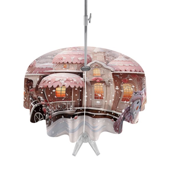 Outdoor Table Cloth with Umbrella Hole and Zipper, Pink Christmas Waterproof Round Tablecloth 60 Inch, Xmas Snowman Winter Snowflake Pink House Washable Table Cover for Outside Party Patio Picnic