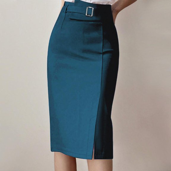 HBBIKVI Women's Professional Pencil Midi Skirt with Belted Waist Zipper Closure and Side Slit for Office and Work