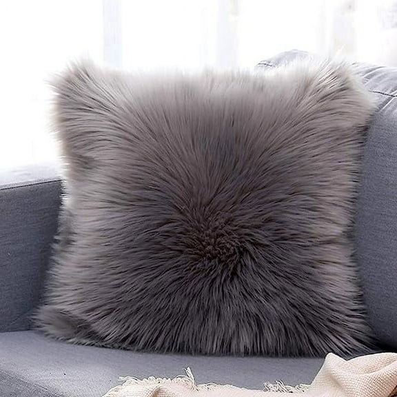 Nvzi Double-Sided Faux Fur Sheepskin Decorative Throw Pillow Cover Luxury Super Soft Plush Cushion Case for Sofa or Bed (16"x16", Light Grey)