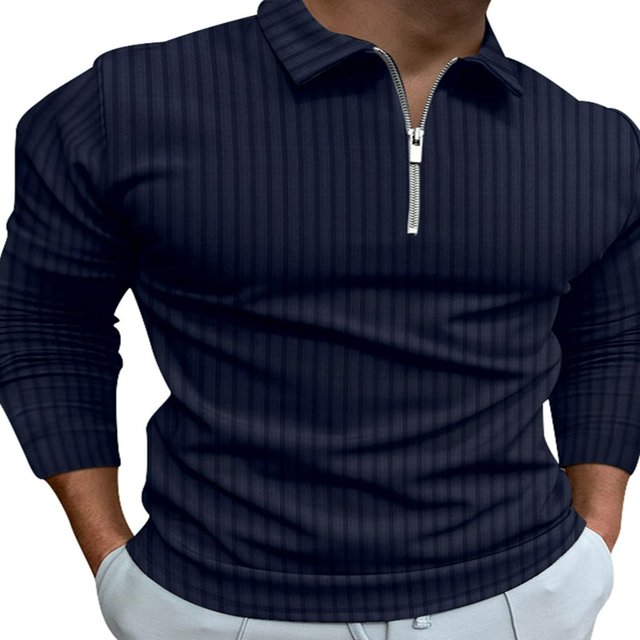 Stripe Print Men‘s Casual Ribbed Long Sleeve Tops with 1/4 Zipper