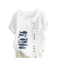thumbnail image 2 of LEBONYARD Womens Summer Tops with Sleeves,Crew Neck Sweatshirts Women summer fall,Women Casual Cotton and Linen Top Ocean Fish Printed Short Sleeve Button Tunic T-shirt Blouse Tops White M, 2 of 4