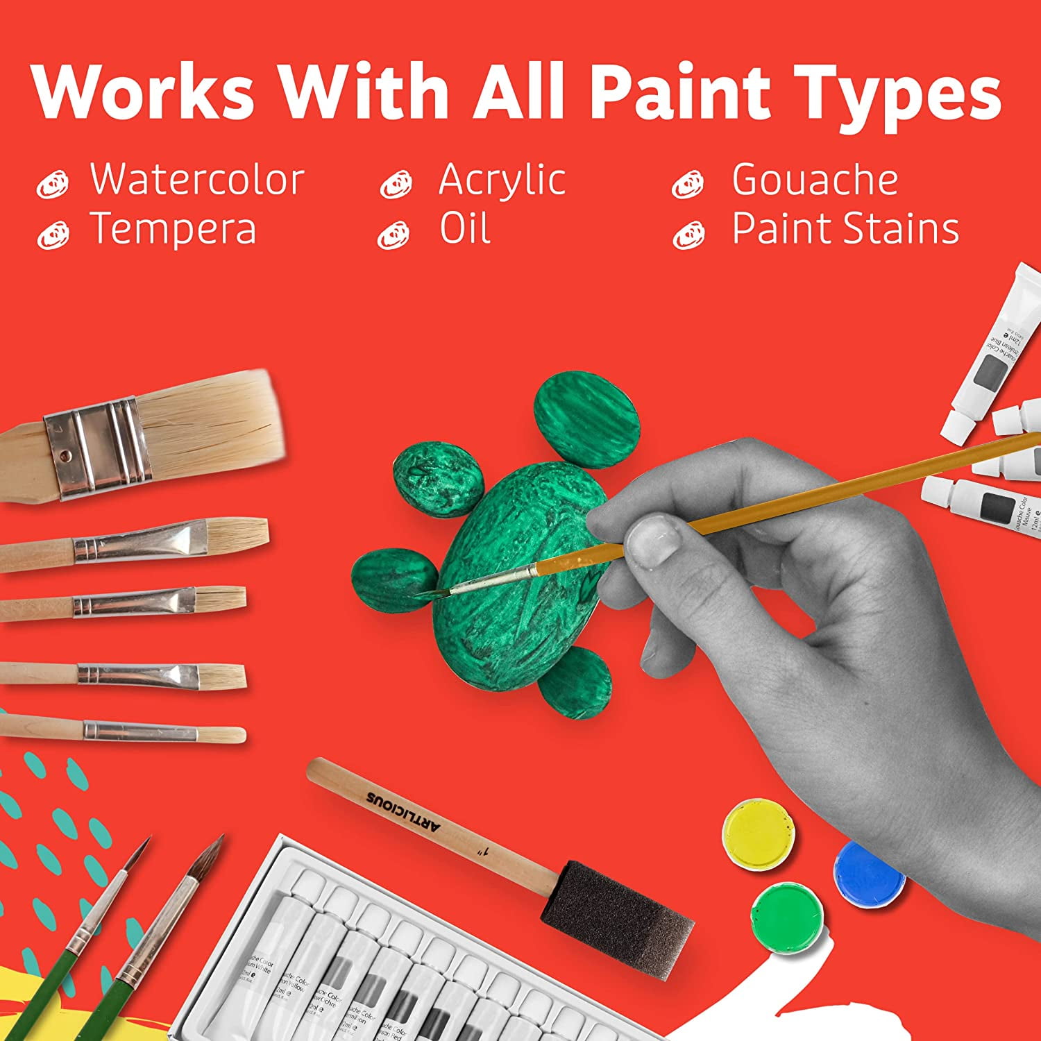 JJEAN-Foam Brushes Wood Handle Paint Brush Set - Use with Craft, Watercolor, Oil, Gouache Paints, Face Art, Washable Paints, Miniature Detailing and Rock Painting