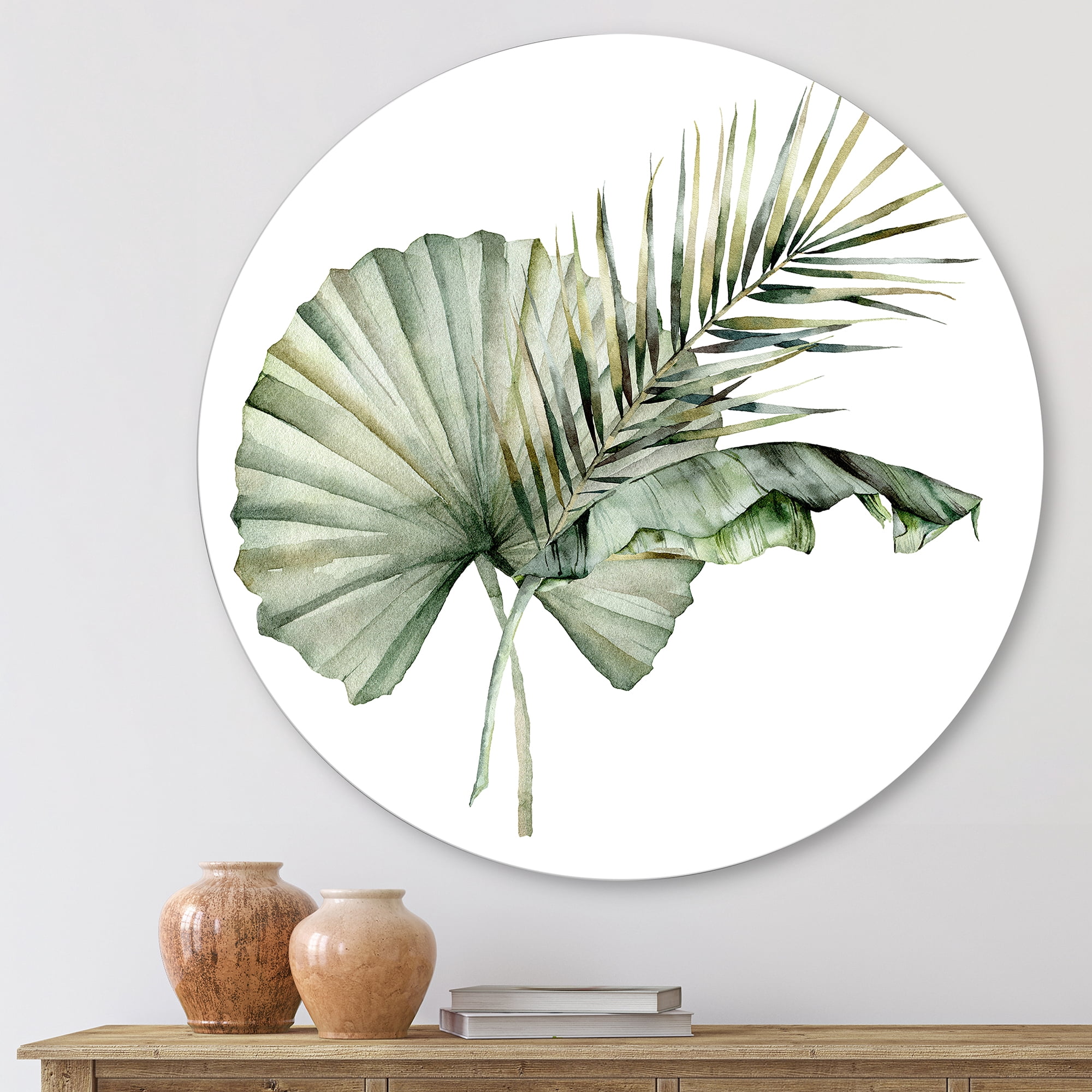 Designart 'Tropical Bouquet With Banana Coconut and Palm Leaves' Traditional Circle Metal Wall Art 11x11 - Disc of 11
