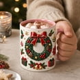 thumbnail image 3 of Novryn Christmas Coffee Mug, 2D Ceramic Cup With Raised Wreath Design for Coffee and Milk, 10 oz, Pink, 3 of 7