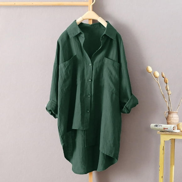 Hot Sale!! Cotton Linen Shirts for Women 2025 Plus Size V Neck Button Down Long Sleeve Tops Casual Fall Summer Cotton Fashion Oversized Blouse Green L