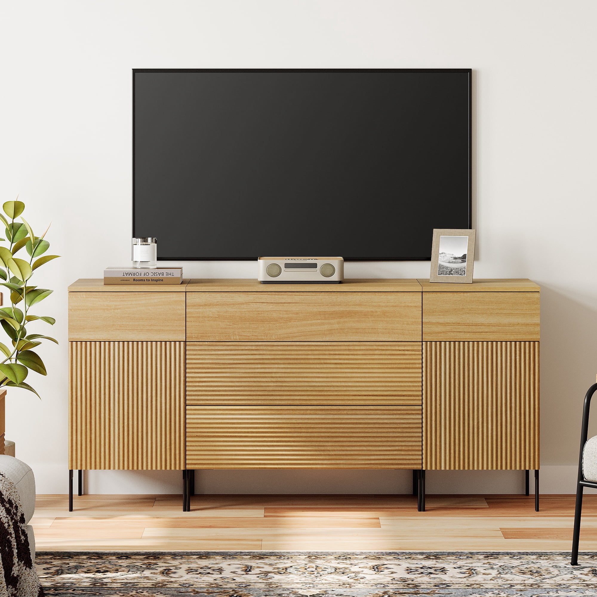 WAMPAT 63" TV Stand for TVs up to 70 Inch with Charging Station, Fluted Wood Media Console with 5 Drawers and 2 Door Cabinets, Push-to-Open Entertainment Center