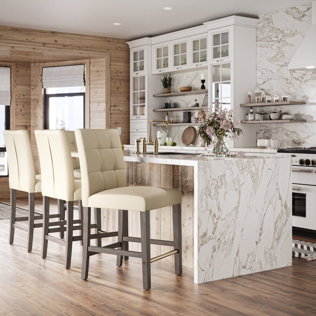 CorLiving Leila Faux Leather Upholstered Indoor Counter Height Barstool with Wood Legs and Metal Foot Rest, Warm White (Sold Individually)