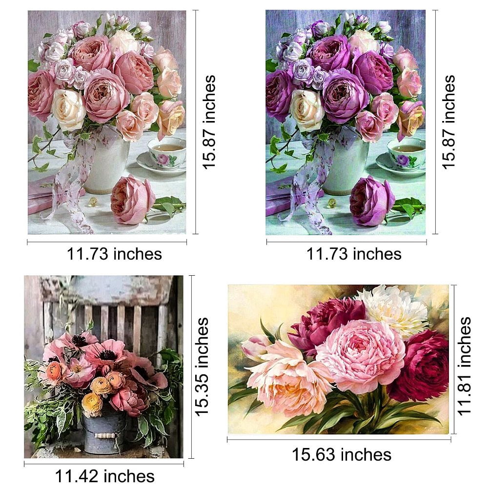 4Sets 4Style DIY 5D Flower Pattern Canvas Diamond Painting Kits with Resin Rhinestones Sticky Pen Tray Plate Glue Clay Mixed Color 39~40.3x29~30x0.03cm 1 set/style 1Bag