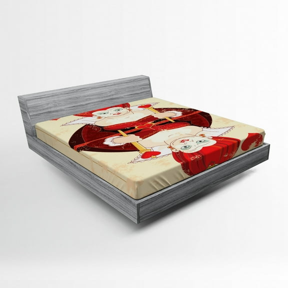 Ambesonne Cartoon Fitted Sheet, Queen Cards, Full Size, Red Brown Ecru