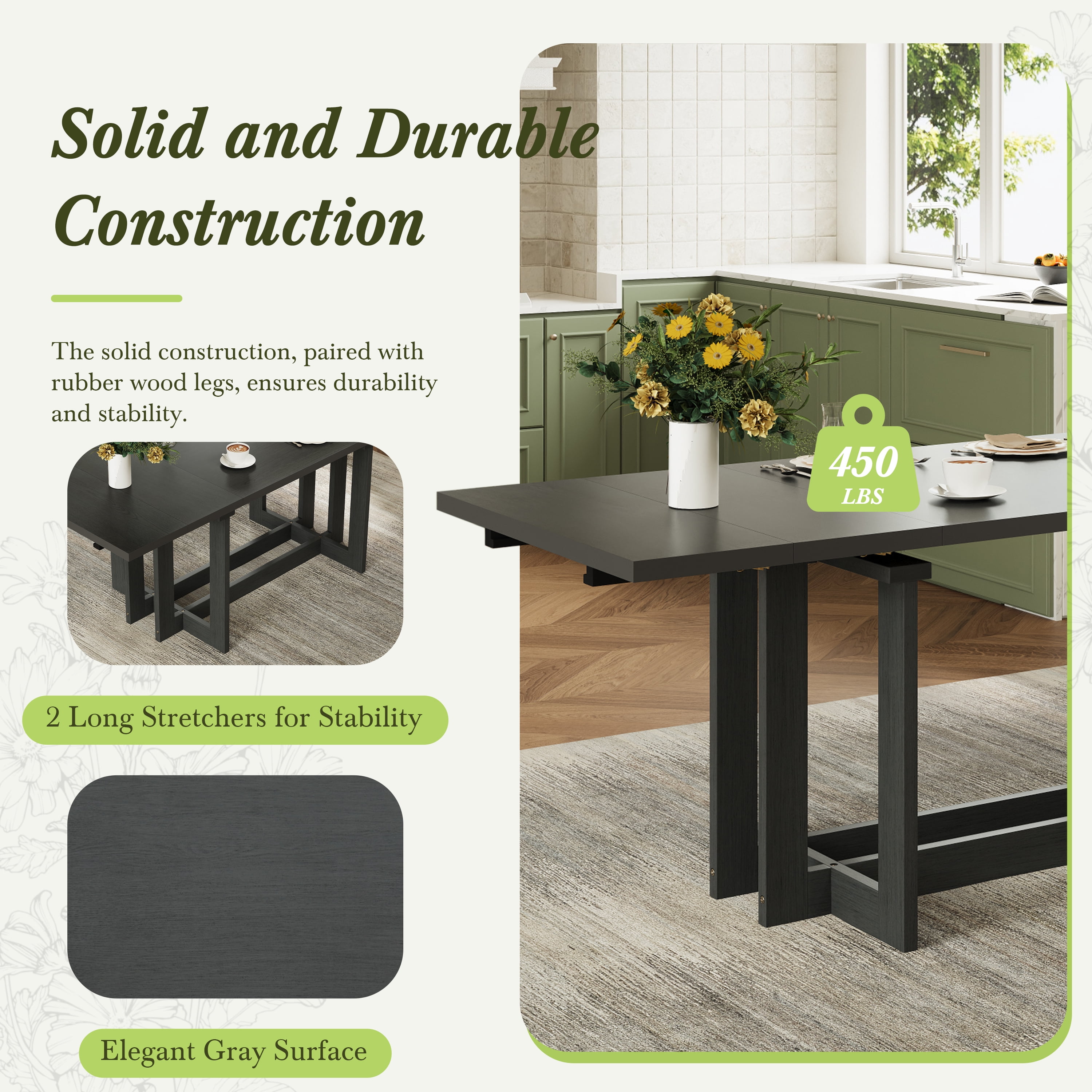 Euroco 58"-82" Extendable Dining Table for 6, Large Rectangular Kitchen Table with Removable Leaves, Solid Wood Rustic Table for Dining Room,Home Office, Living Room,Grey