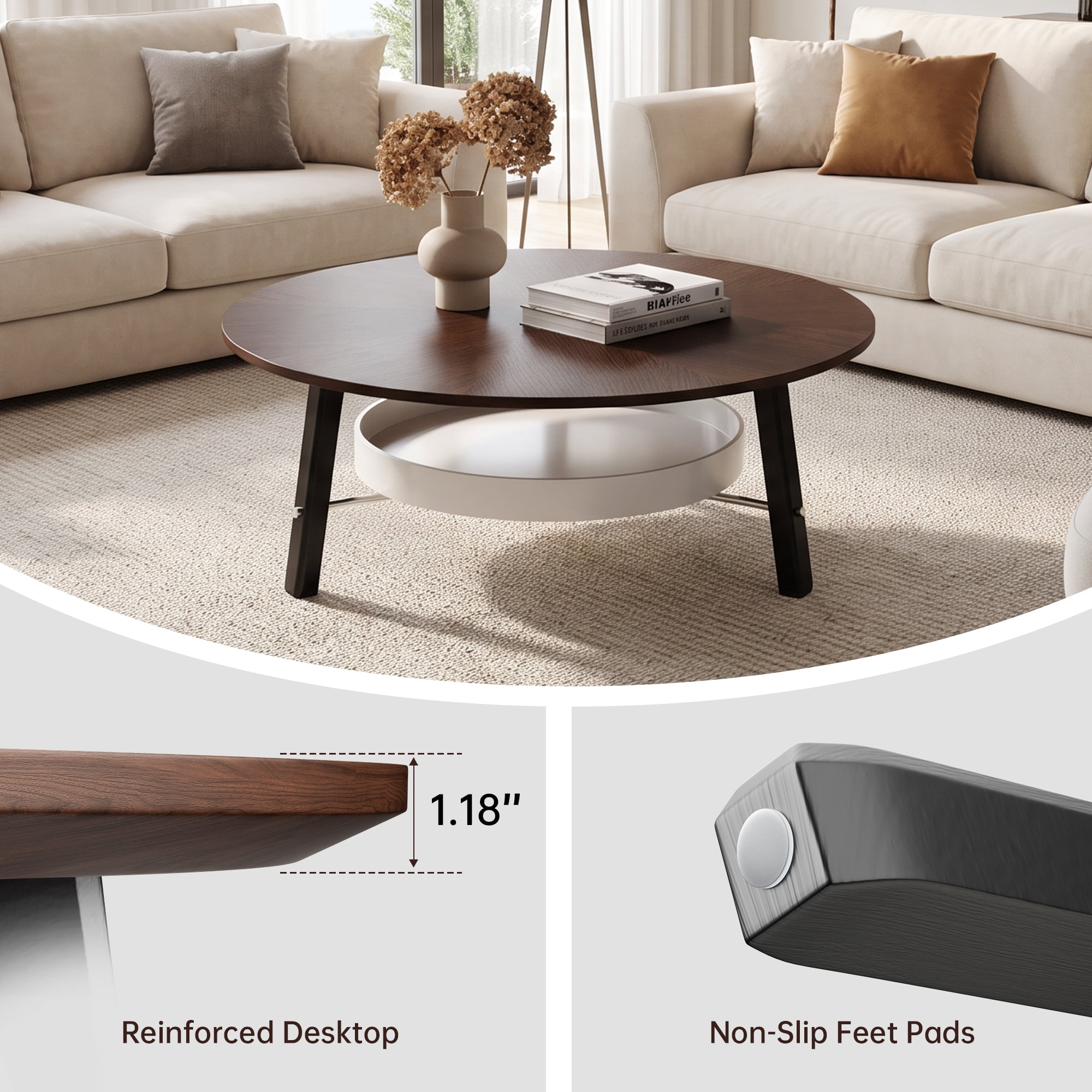 Coffee Table 35.43 Inch, Round Center Table with Storage Shelf and Black Wood Legs, Modern Accent Table for Living Room and Small Spaces, Walnut