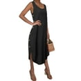 thumbnail image 3 of DYMADE Women Summer Breathable Cotton Linen Solid Color Round Neck Sleeveless Buttons Loose Waist Asymmetrical Tank Dress, 3 of 3