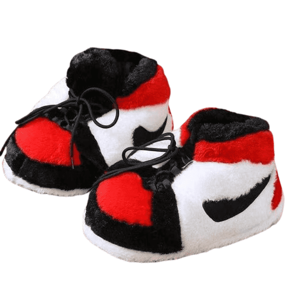 DSK Global Sneaker Slippers – Warm & Comfy Indoor & Outdoor Slippers, Unisex Plush Slippers, Fuzzy Slipper Soft House Shoes for Men, Women, and Kids – One Size Fits Most, Red-White