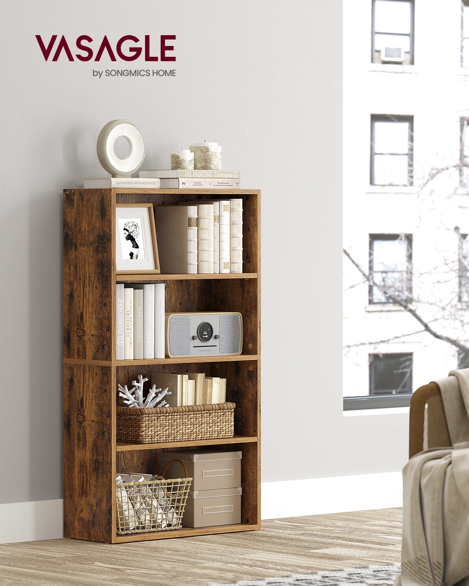 Cube Storage Organizer 4-Tier Bookshelf Bookcase with Adjustable Storage Shelves Rustic Brown