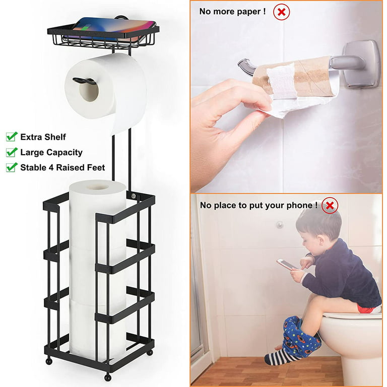 Black Freestanding Toilet Paper Holder Stand with Shelf