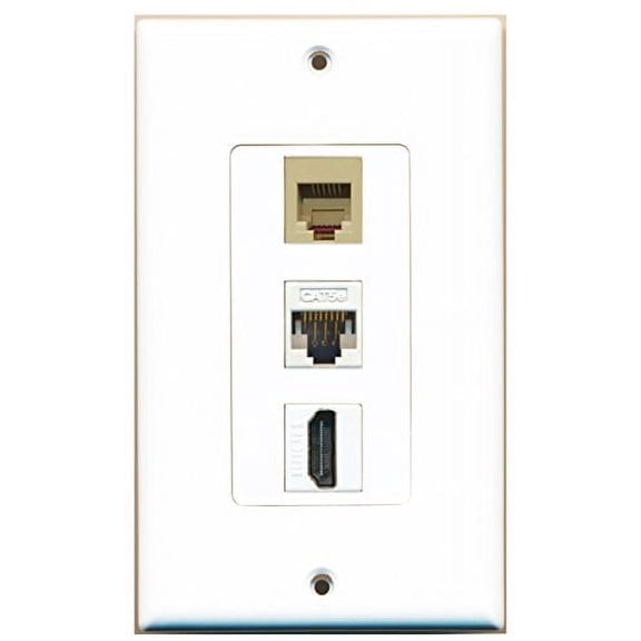 RiteAV - 1 Port HDMI and 1 Port Phone RJ11 RJ12 Beige and 1 Port Cat5e Ethernet White Decorative Wall Plate