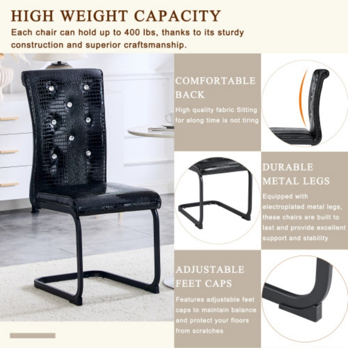 Set of 4 Retro Dining Chairs, Faux Alligator Leather Upholstered Chairs with Crystal Button Details & Metal Bow Legs, 400 LBS, Black & Black